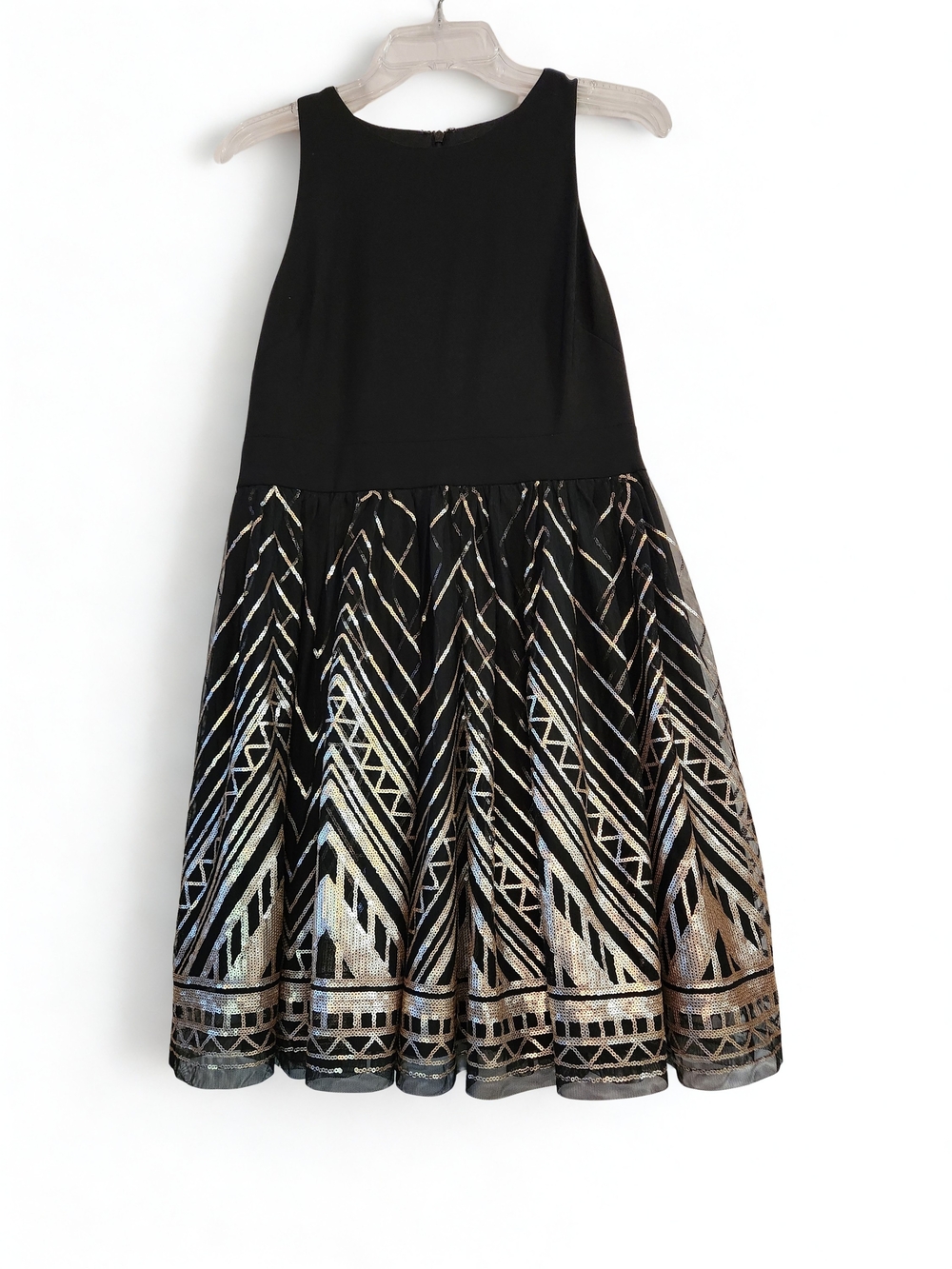 Vince Camuto Black Sleeveless Fit-and-Flare Dress with Metallic Geometric Skirt